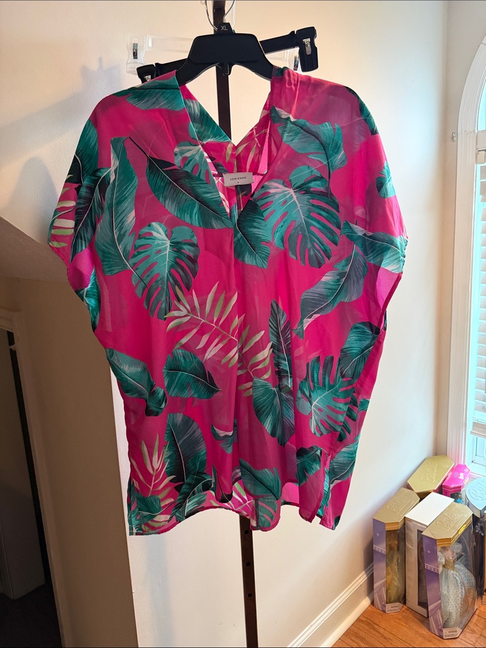 Adrienne Hot Pink Tropical Leaf Swim Coverup